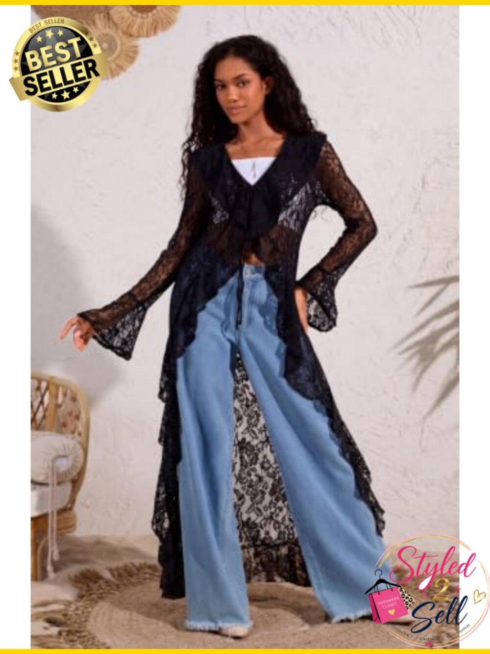 Women Lace Maxi Cardigan Open Front Tie Bell Sleeve Ruffled Duster Cover Up - Picture 3 of 6